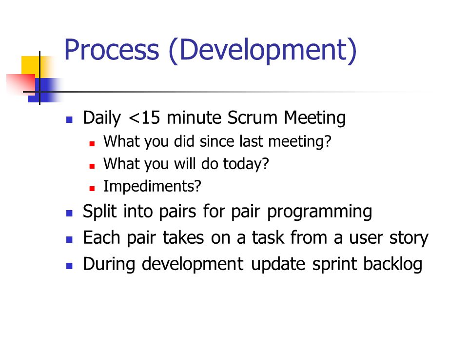 Process (Development) Daily <15 minute Scrum Meeting What you did since last meeting.