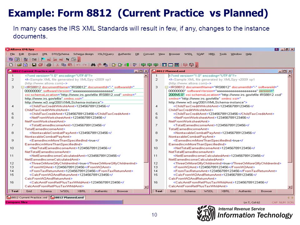 10 Example: Form 8812 (Current Practice vs Planned) In many cases the IRS XML Standards will result in few, if any, changes to the instance documents.
