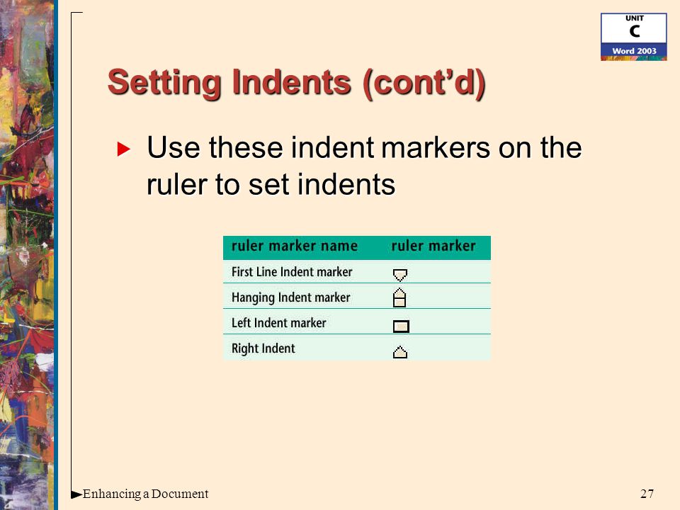 27Enhancing a Document Setting Indents (cont’d)  Use these indent markers on the ruler to set indents