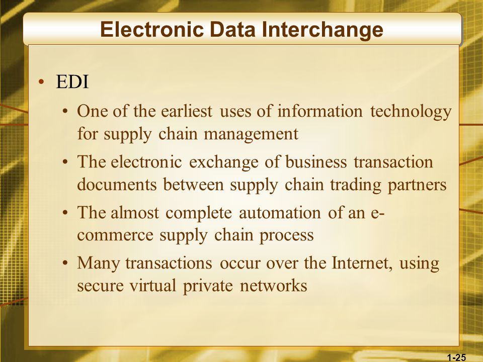 1-25 Electronic Data Interchange EDI One of the earliest uses of information technology for supply chain management The electronic exchange of business transaction documents between supply chain trading partners The almost complete automation of an e- commerce supply chain process Many transactions occur over the Internet, using secure virtual private networks