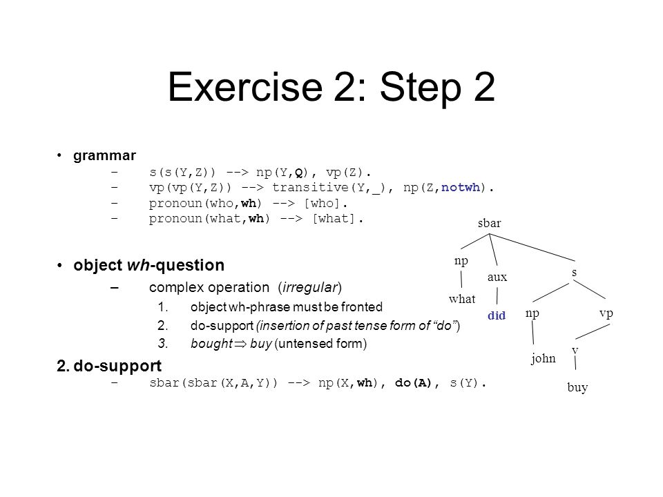 Exercise 2: Step 2 grammar –s(s(Y,Z)) --> np(Y,Q), vp(Z).
