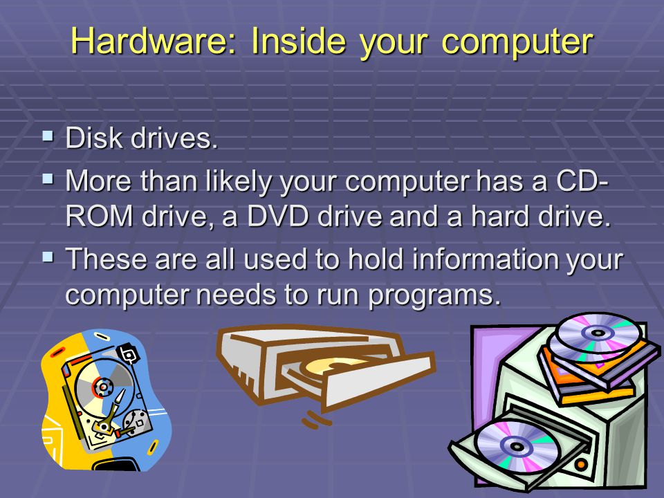 Hardware: Inside your computer  Disk drives.