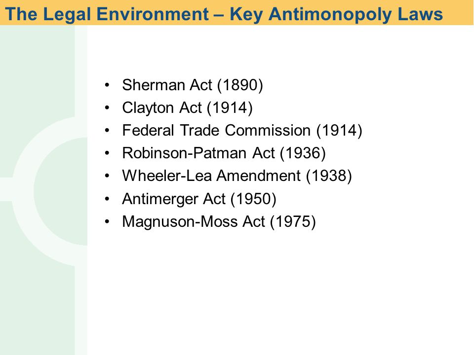 Sherman Act (1890) Clayton Act (1914) Federal Trade Commission (1914) Robinson-Patman Act (1936) Wheeler-Lea Amendment (1938) Antimerger Act (1950) Magnuson-Moss Act (1975) The Legal Environment – Key Antimonopoly Laws