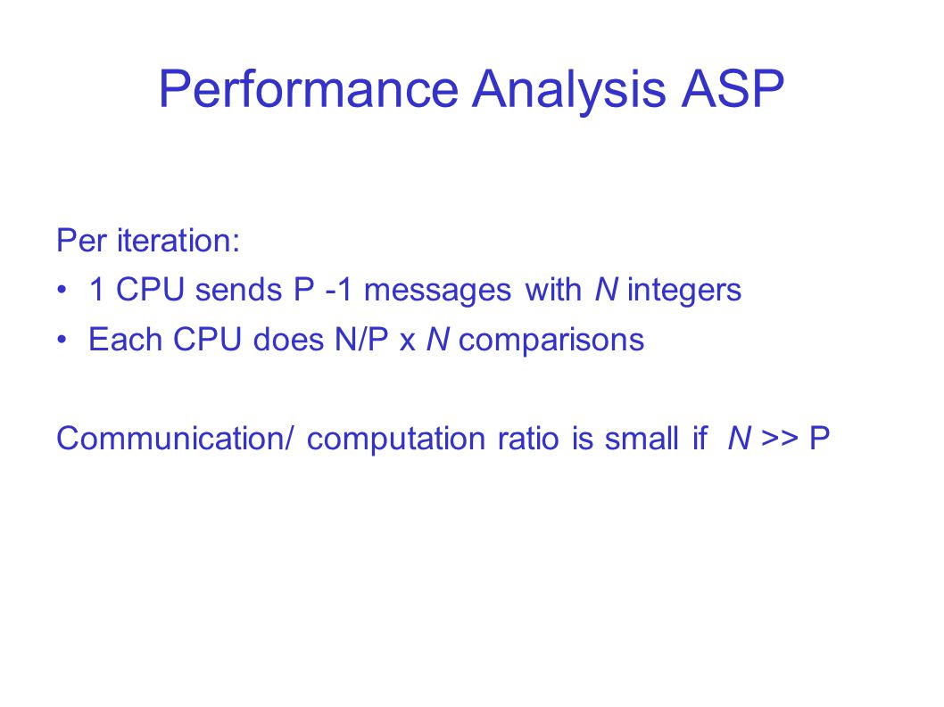 Performance Analysis ASP Per iteration: 1 CPU sends P -1 messages with N integers Each CPU does N/P x N comparisons Communication/ computation ratio is small if N >> P