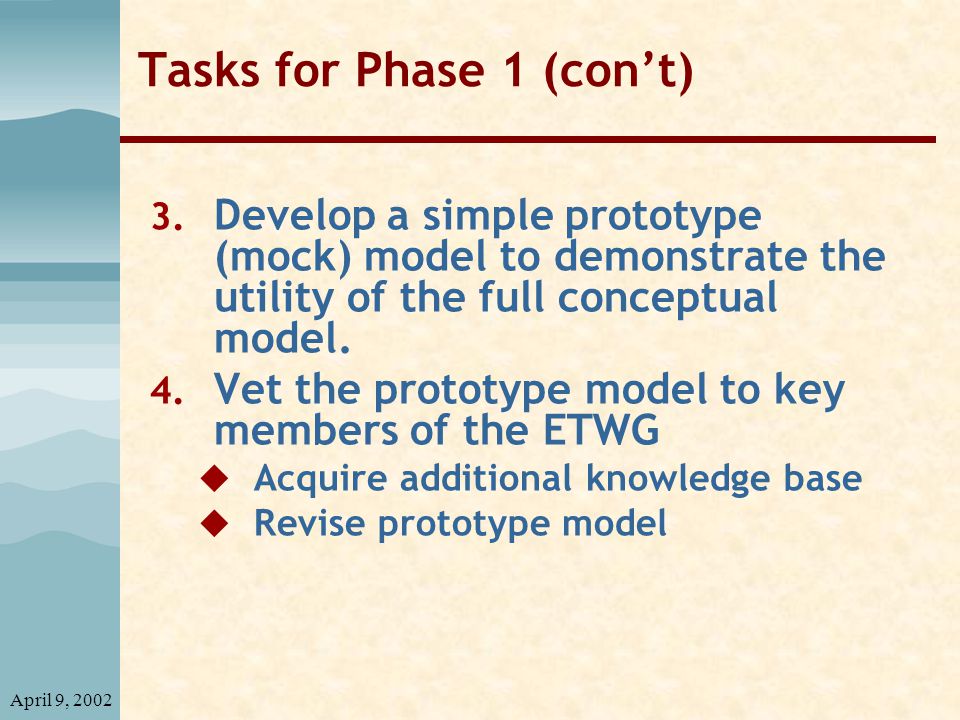 April 9, 2002 Tasks for Phase 1 (con’t) 3.