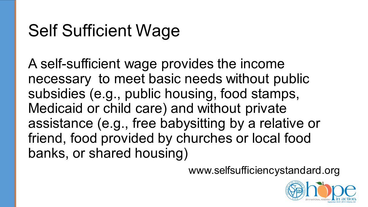 Self Sufficient Wage A self-sufficient wage provides the income necessary to meet basic needs without public subsidies (e.g., public housing, food stamps, Medicaid or child care) and without private assistance (e.g., free babysitting by a relative or friend, food provided by churches or local food banks, or shared housing)