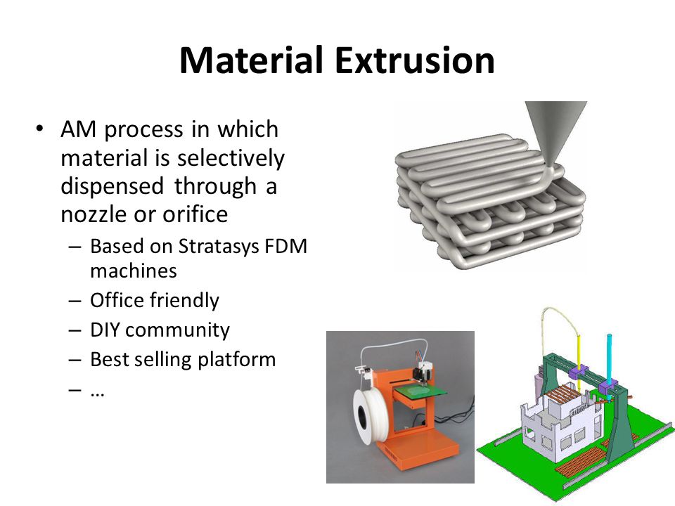 Material Extrusion AM process in which material is selectively dispensed through a nozzle or orifice – Based on Stratasys FDM machines – Office friendly – DIY community – Best selling platform – …