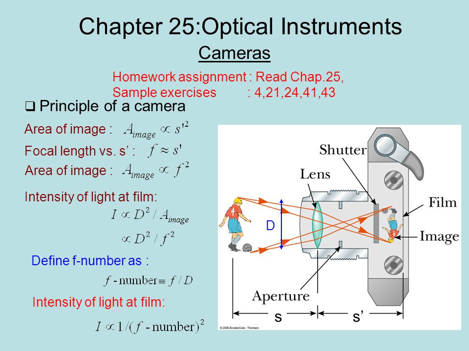 Chapter 25:Optical Instruments Cameras Homework assignment : Read Chap.25, Sample exercises : 4,21,24,41,43  Principle of a camera ss’ D Intensity of light at film: Area of image : Focal length vs.