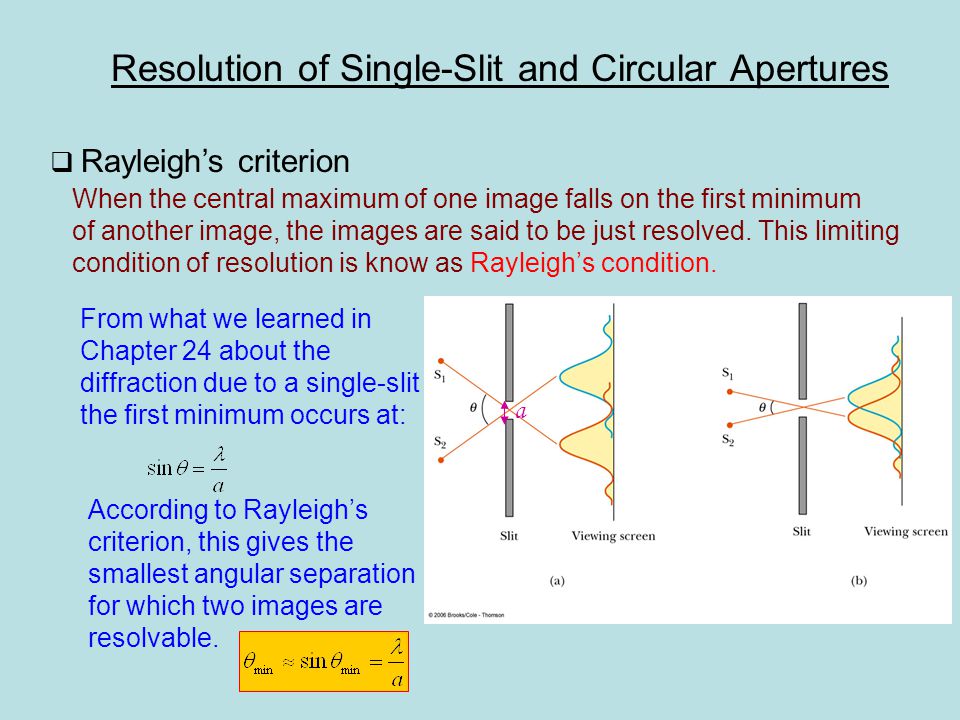 Resolution of Single-Slit and Circular Apertures  Rayleigh’s criterion When the central maximum of one image falls on the first minimum of another image, the images are said to be just resolved.