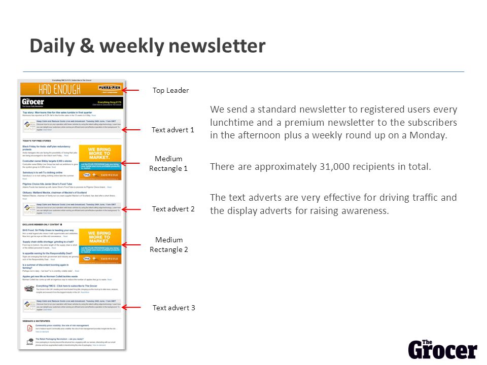 Daily & weekly newsletter We send a standard newsletter to registered users every lunchtime and a premium newsletter to the subscribers in the afternoon plus a weekly round up on a Monday.