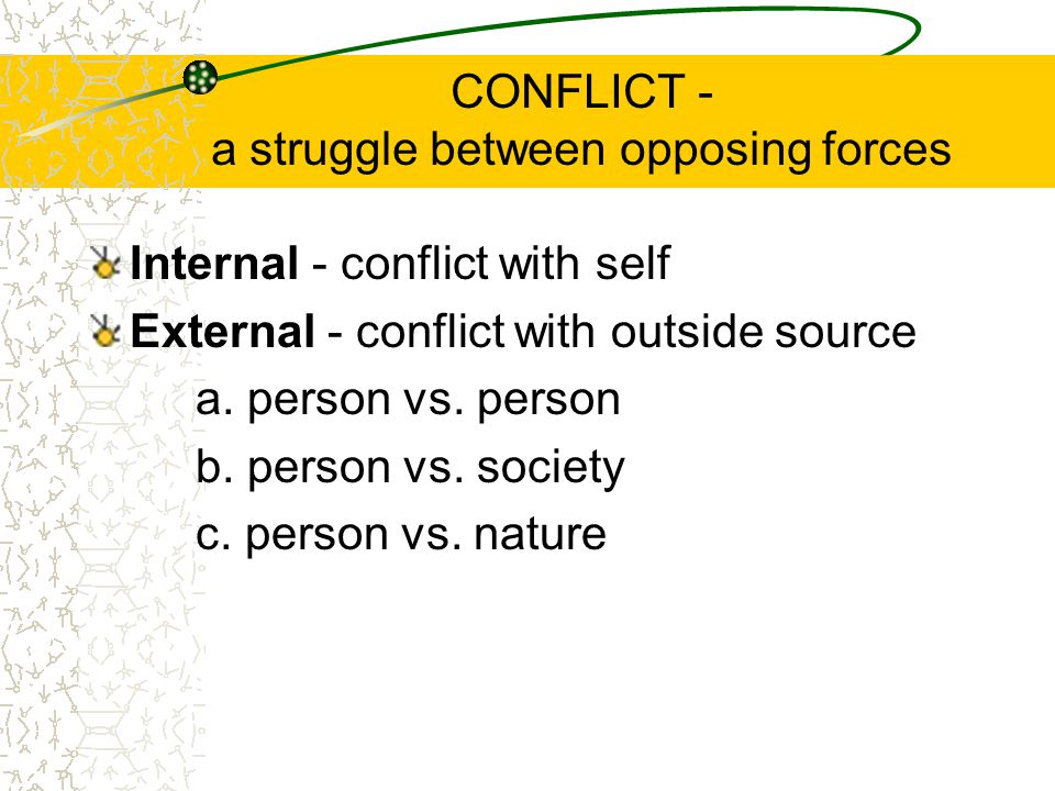 CONFLICT - a struggle between opposing forces Internal - conflict with self External - conflict with outside source a.