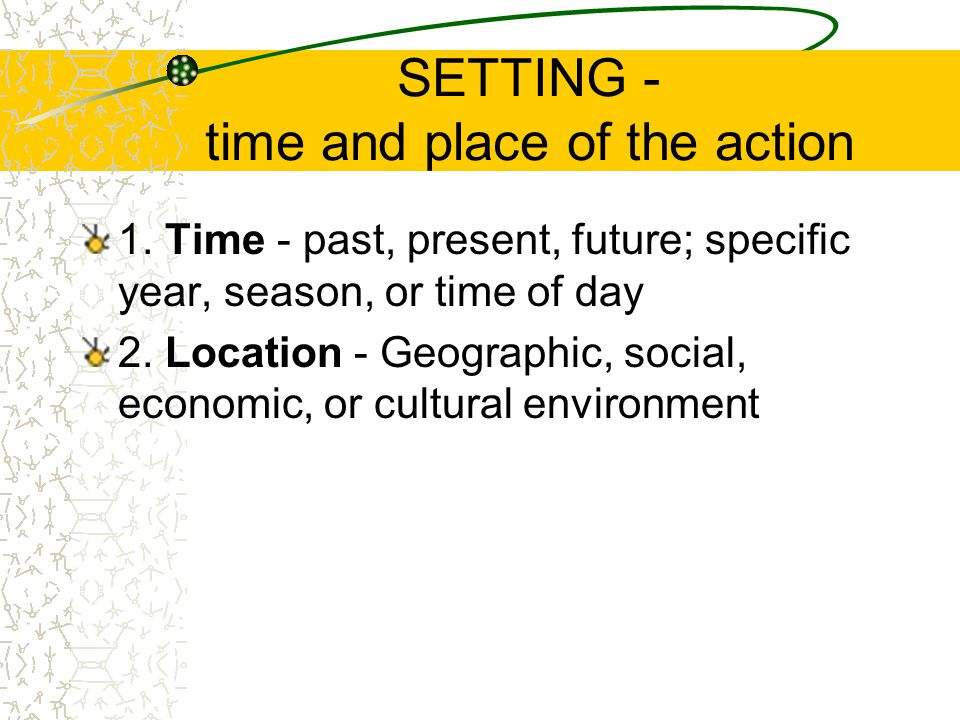 SETTING - time and place of the action 1.