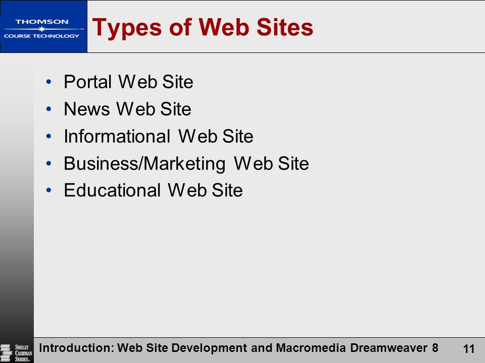 Introduction: Web Site Development and Macromedia Dreamweaver 8 11 Types of Web Sites Portal Web Site News Web Site Informational Web Site Business/Marketing Web Site Educational Web Site