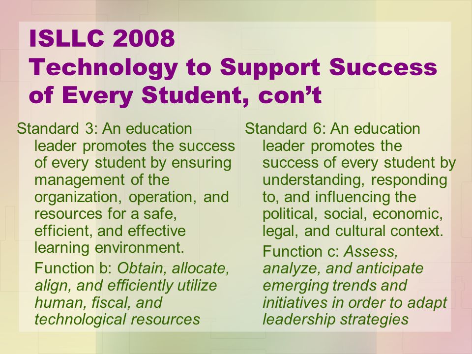 ISLLC 2008 Technology to Support Success of Every Student, con’t Standard 3: An education leader promotes the success of every student by ensuring management of the organization, operation, and resources for a safe, efficient, and effective learning environment.