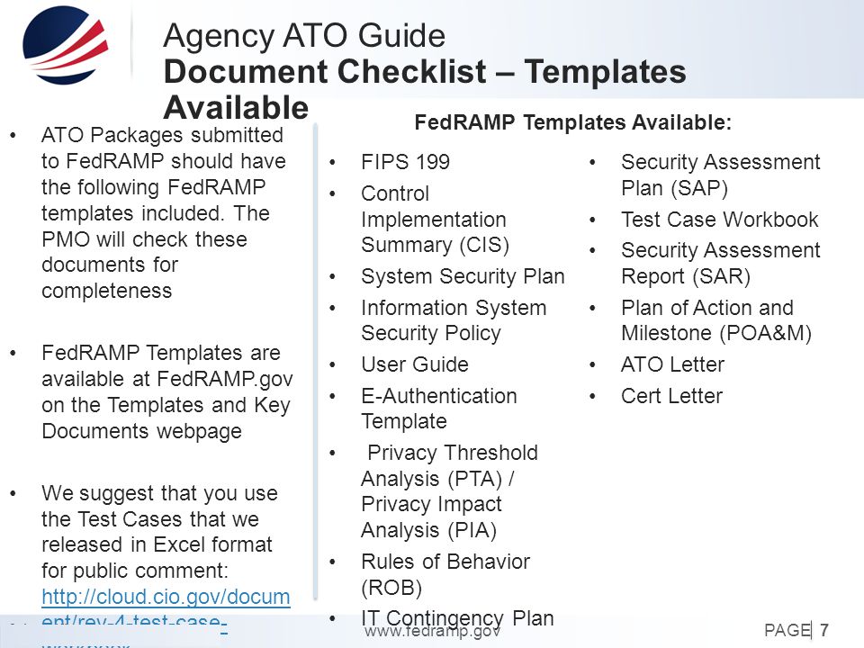 PAGE[classification marking]  7 ATO Packages submitted to FedRAMP should have the following FedRAMP templates included.