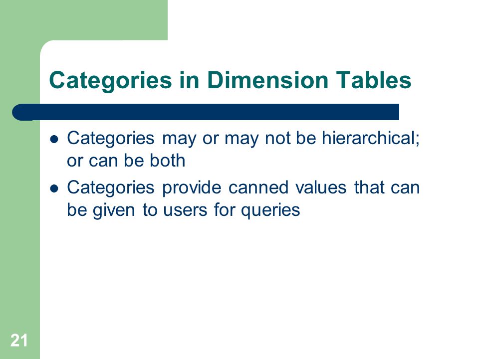 Categories in Dimension Tables Categories may or may not be hierarchical; or can be both Categories provide canned values that can be given to users for queries 21