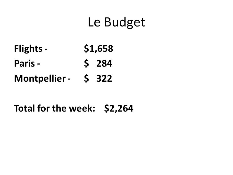 Le Budget Flights - $1,658 Paris - $ 284 Montpellier - $ 322 Total for the week: $2,264