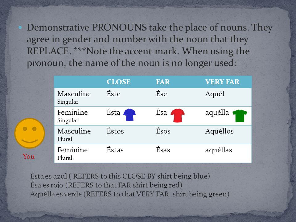 Demonstrative PRONOUNS take the place of nouns.
