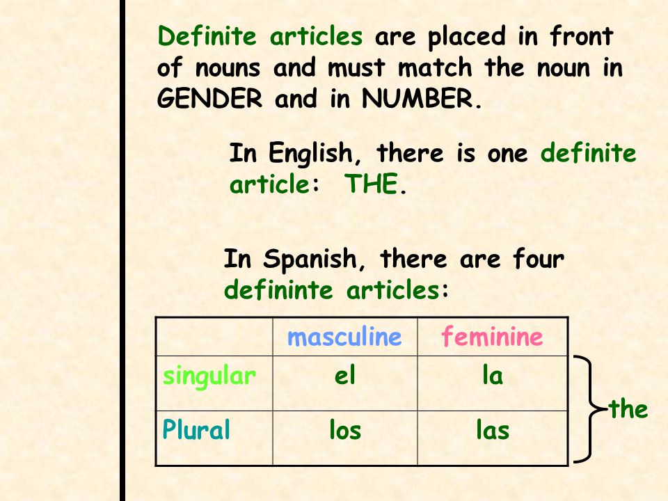 Definite articles are placed in front of nouns and must match the noun in GENDER and in NUMBER.