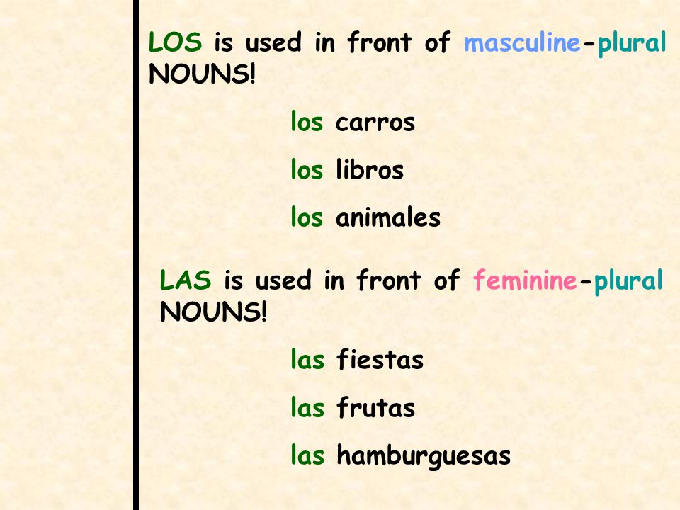 LOS is used in front of masculine-plural NOUNS.