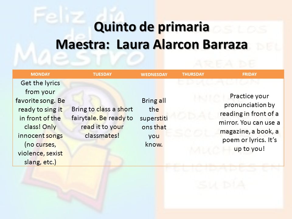 Quinto de primaria Maestra: Laura Alarcon Barraza MONDAYTUESDAY WEDNESDAY THURSDAYFRIDAY Get the lyrics from your favorite song.