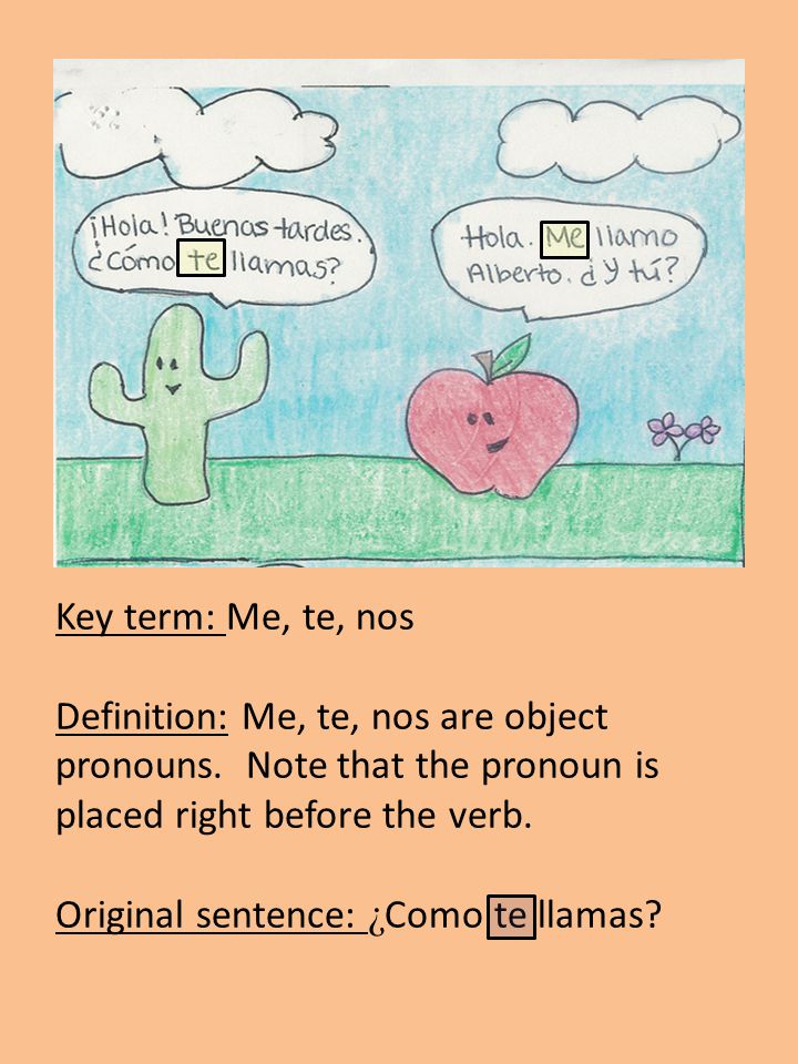 Key term: Me, te, nos Definition: Me, te, nos are object pronouns.