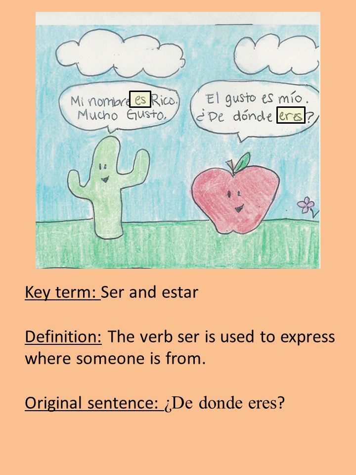Key term: Ser and estar Definition: The verb ser is used to express where someone is from.