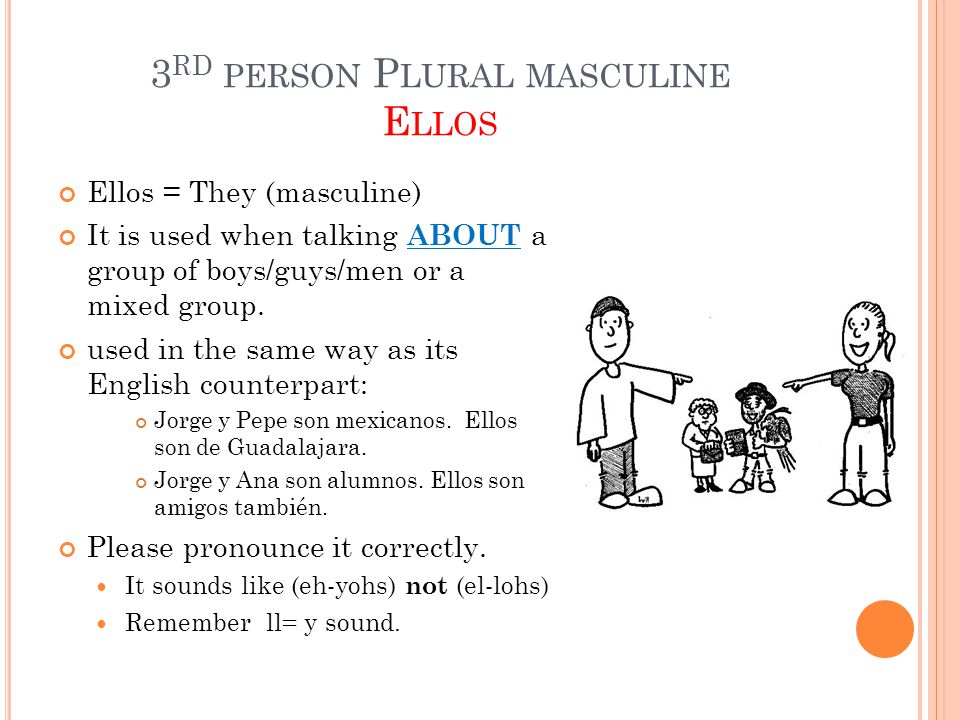 3 RD PERSON P LURAL MASCULINE E LLOS Ellos = They (masculine) It is used when talking ABOUT a group of boys/guys/men or a mixed group.