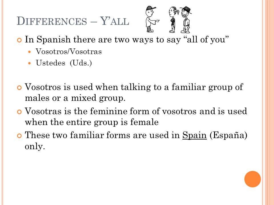 In Spanish there are two ways to say all of you Vosotros/Vosotras Ustedes (Uds.) Vosotros is used when talking to a familiar group of males or a mixed group.