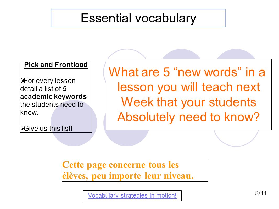 Pick and Frontload  For every lesson detail a list of 5 academic keywords the students need to know.