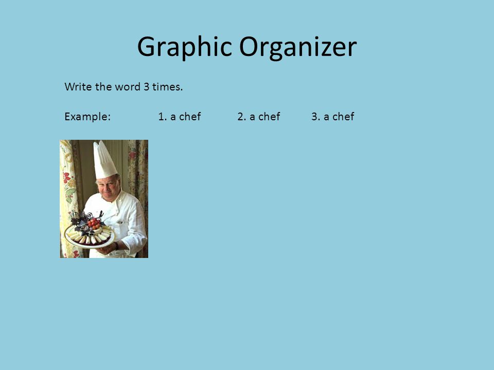 Graphic Organizer Write the word 3 times. Example: 1. a chef2. a chef3. a chef