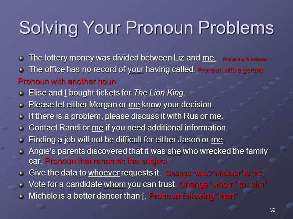 Solving Your Pronoun Problems The lottery money was divided between Liz and me.