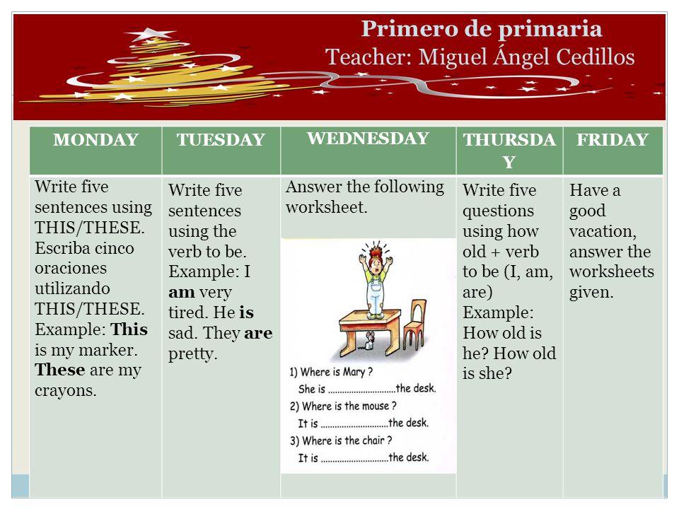 Primero de primaria Teacher: Miguel Ángel Cedillos MONDAYTUESDAY WEDNESDAY THURSDA Y FRIDAY Write five sentences using THIS/THESE.