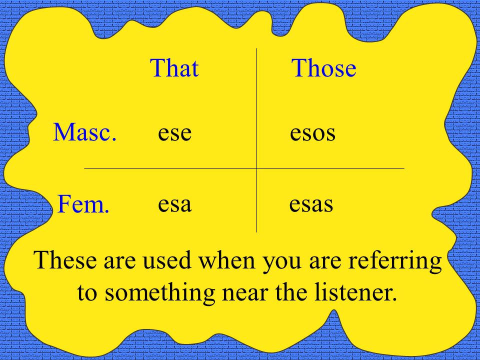 That Those ese esa esos esas These are used when you are referring to something near the listener.