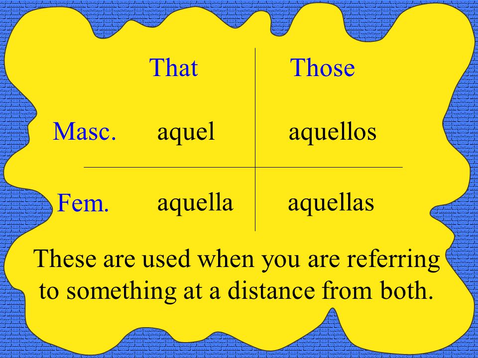 That Those aquel aquella aquellos aquellas These are used when you are referring to something at a distance from both.