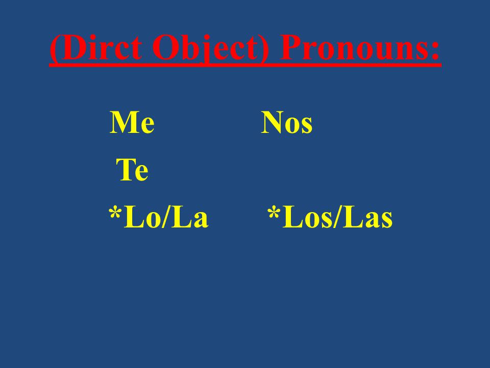 (Dirct Object) Pronouns: Me Nos Te *Lo/La *Los/Las