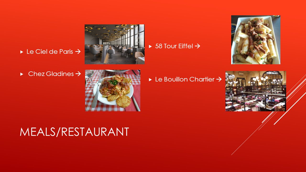MEALS/RESTAURANT  Le Ciel de Paris   Chez Gladines   58 Tour Eiffel   Le Bouillon Chartier 