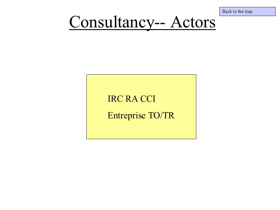 Consultancy-- Actors IRC RA CCI Entreprise TO/TR Back to the step