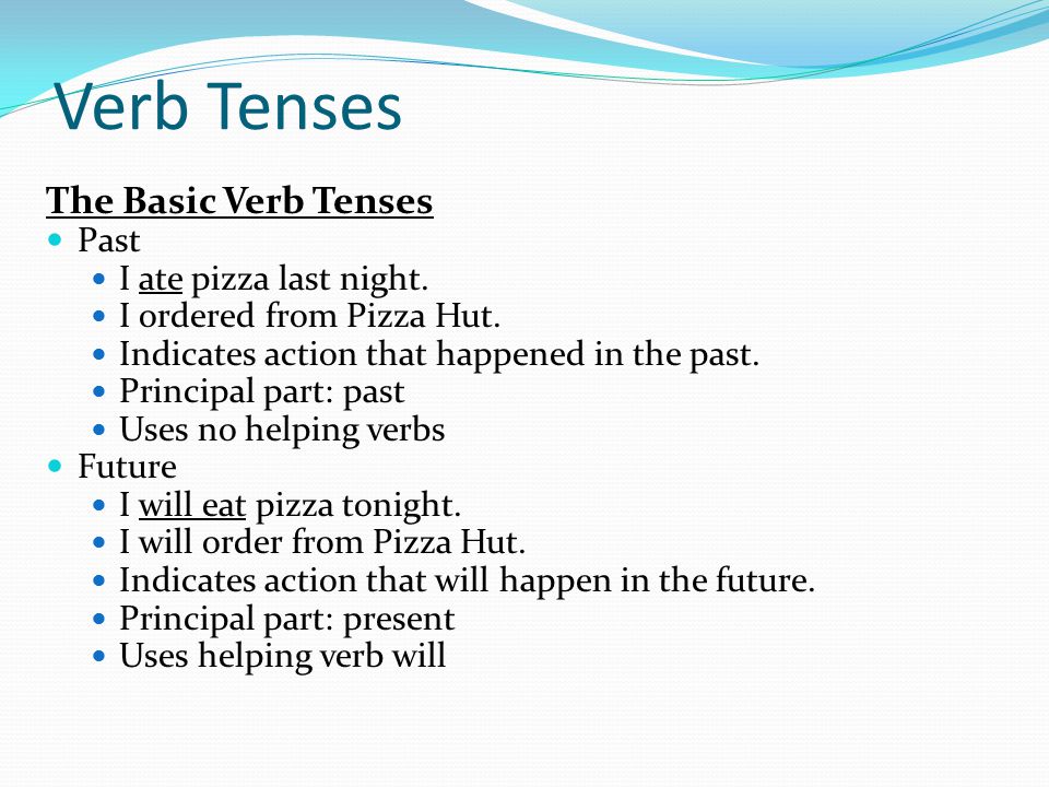 Verb Tenses The Basic Verb Tenses Past I ate pizza last night.