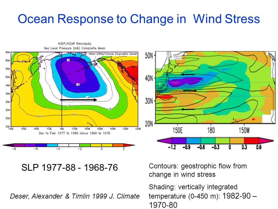 Ocean Response to Change in Wind Stress Contours: geostrophic flow from change in wind stress Shading: vertically integrated temperature (0-450 m): – Deser, Alexander & Timlin 1999 J.
