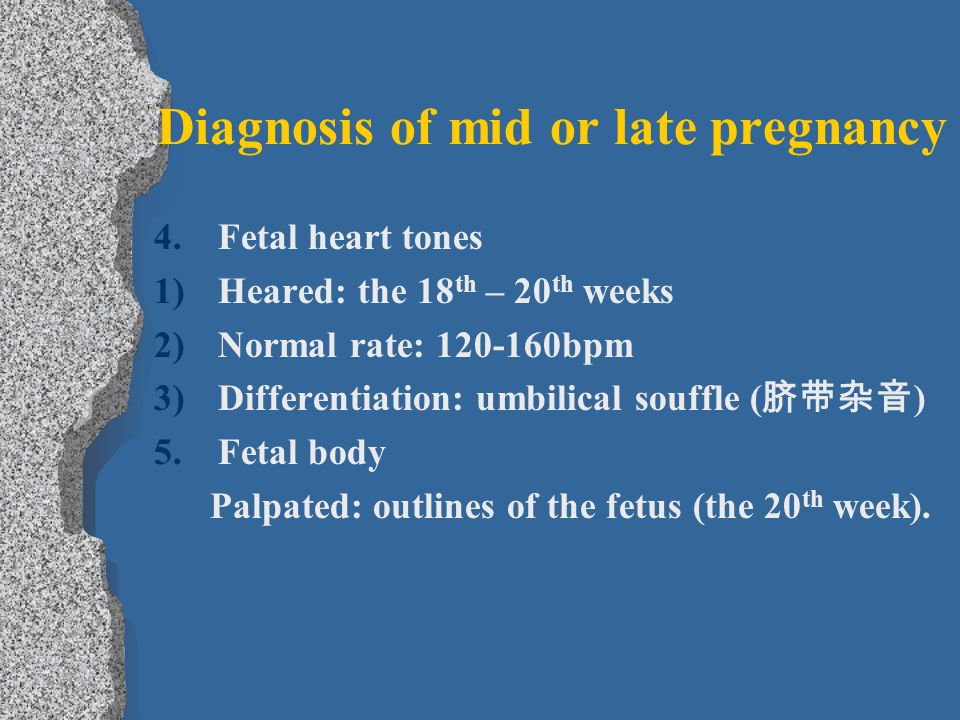 Diagnosis of mid or late pregnancy 4.Fetal heart tones 1)Heared: the 18 th – 20 th weeks 2)Normal rate: bpm 3)Differentiation: umbilical souffle ( 脐带杂音 ) 5.Fetal body Palpated: outlines of the fetus (the 20 th week).