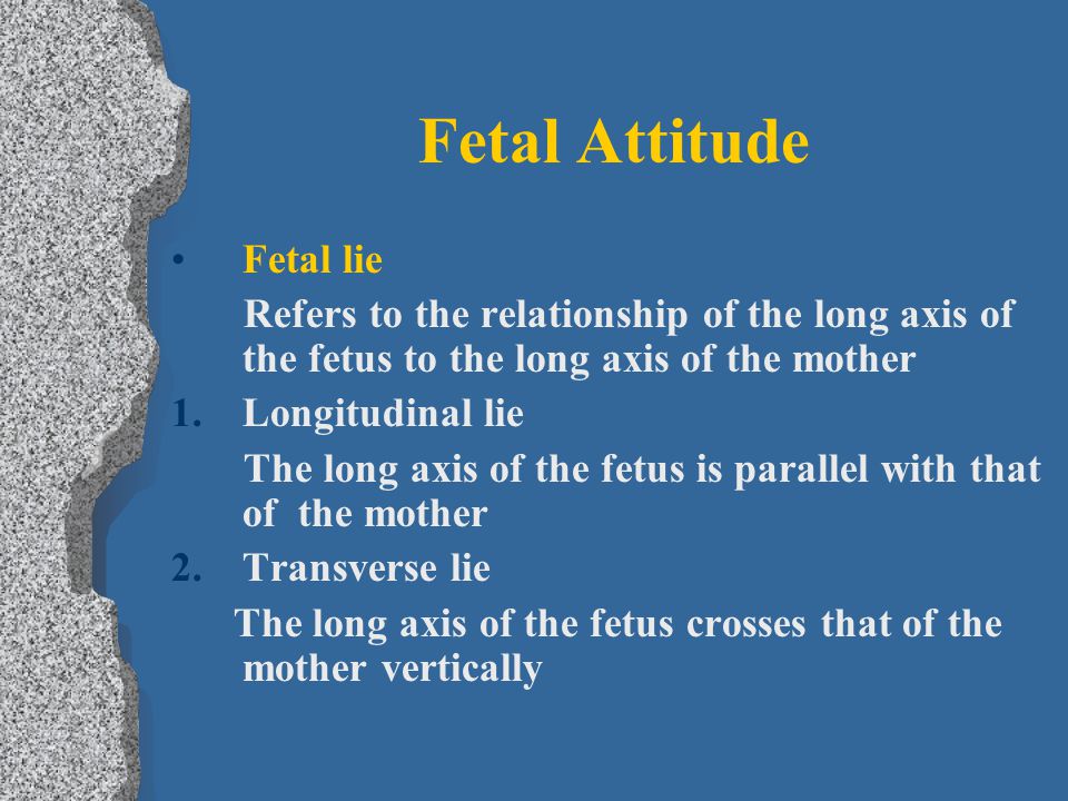Fetal Attitude Fetal lie Refers to the relationship of the long axis of the fetus to the long axis of the mother 1.Longitudinal lie The long axis of the fetus is parallel with that of the mother 2.Transverse lie The long axis of the fetus crosses that of the mother vertically