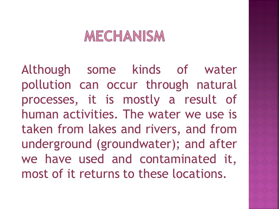 Although some kinds of water pollution can occur through natural processes, it is mostly a result of human activities.