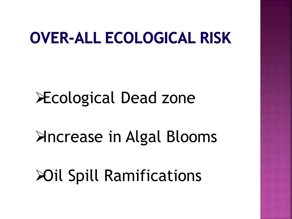  Ecological Dead zone  Increase in Algal Blooms  Oil Spill Ramifications