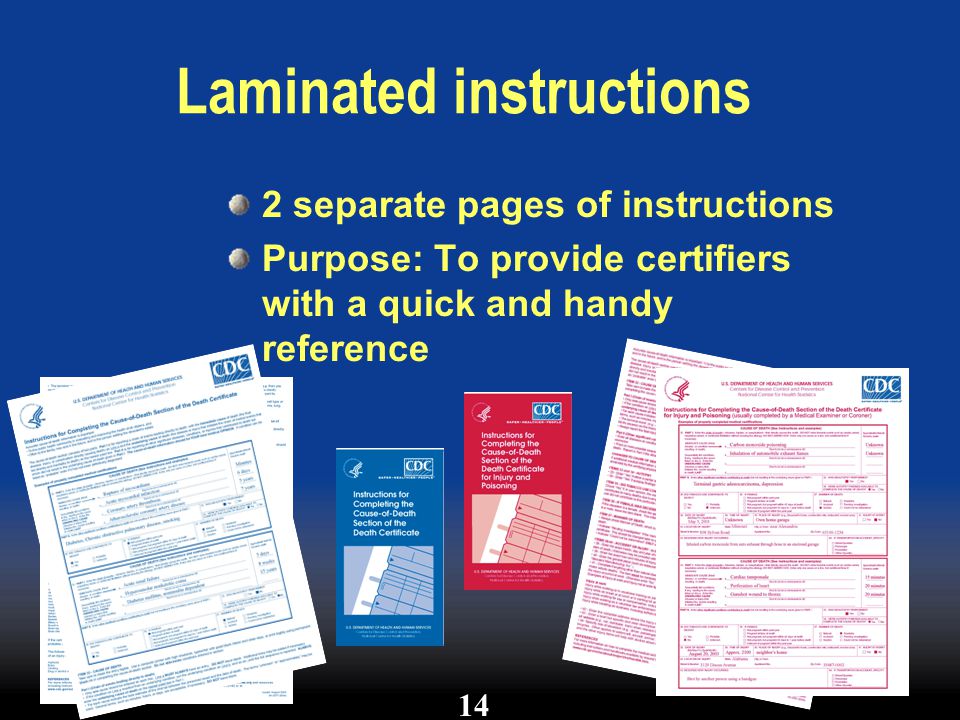 Laminated instructions 2 separate pages of instructions Purpose: To provide certifiers with a quick and handy reference 14