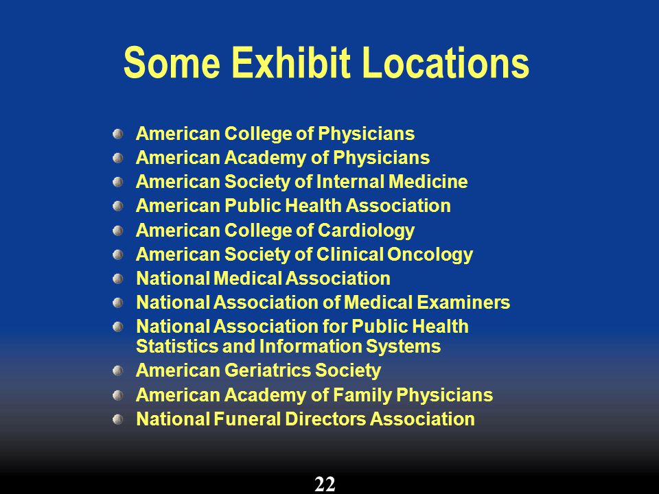 Some Exhibit Locations American College of Physicians American Academy of Physicians American Society of Internal Medicine American Public Health Association American College of Cardiology American Society of Clinical Oncology National Medical Association National Association of Medical Examiners National Association for Public Health Statistics and Information Systems American Geriatrics Society American Academy of Family Physicians National Funeral Directors Association 22