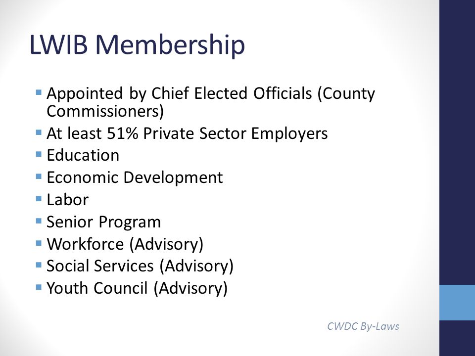 LWIB Membership  Appointed by Chief Elected Officials (County Commissioners)  At least 51% Private Sector Employers  Education  Economic Development  Labor  Senior Program  Workforce (Advisory)  Social Services (Advisory)  Youth Council (Advisory) CWDC By-Laws