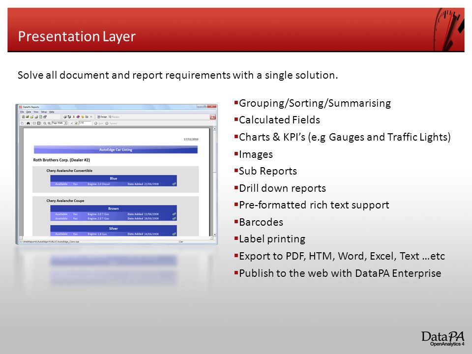 Presentation Layer Solve all document and report requirements with a single solution.