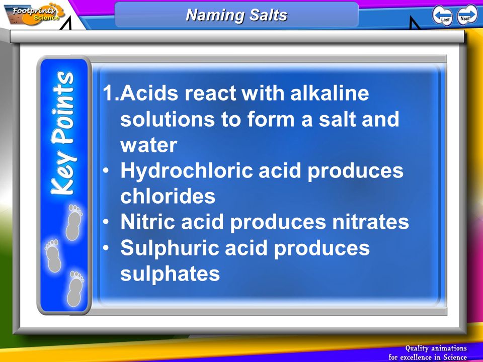 1.Acids react with alkaline solutions to form a salt and water Hydrochloric acid produces chlorides Nitric acid produces nitrates Sulphuric acid produces sulphates Naming Salts Neutralisation