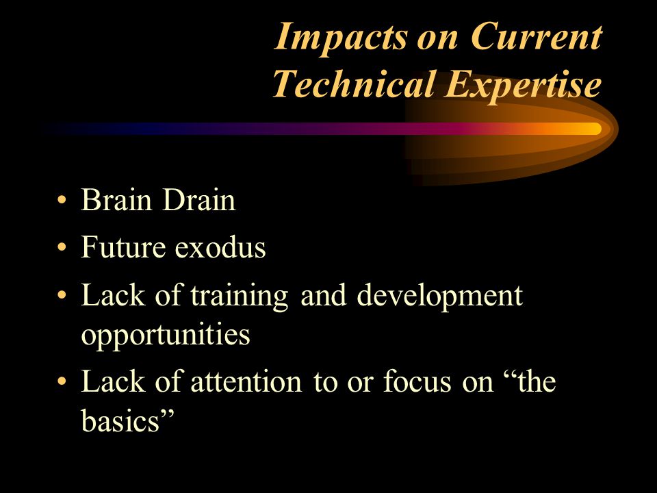 Impacts on Current Technical Expertise Brain Drain Future exodus Lack of training and development opportunities Lack of attention to or focus on the basics